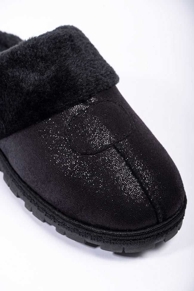 Grace Black Shimmer Fur Collar Mule Slipper