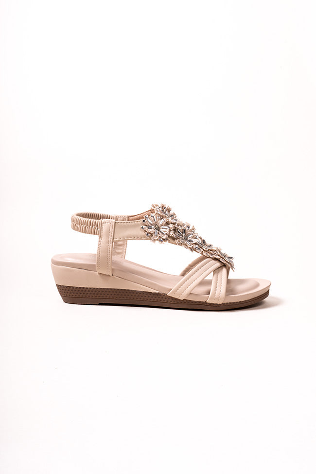 Penelope Beige Ladies Sandal with Diamanti Flowers