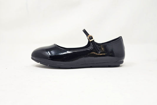 Megan Ladies Slip On Ballerina with Strap and Buckle Casual Black Patent