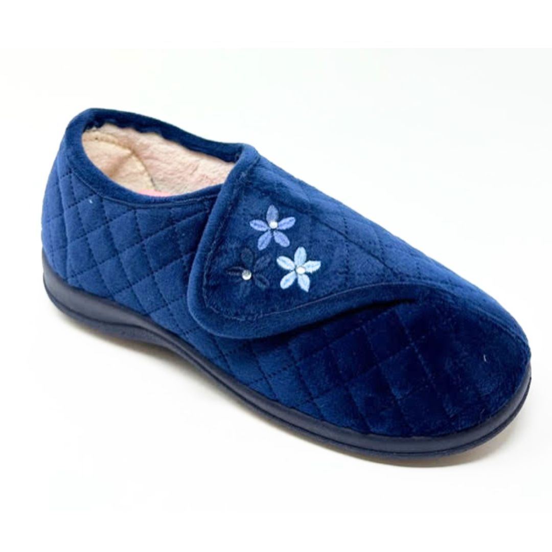 Evelyn Navy Quilt Velour Touch Fasten Ladies Slipper