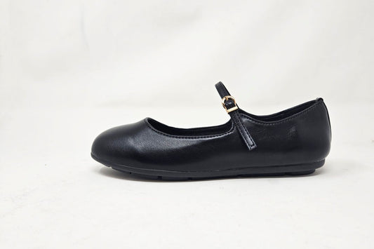 Megan Ladies Slip On Ballerina with Strap and Buckle Casual Black PU
