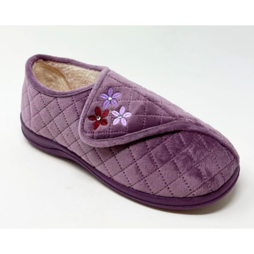 Evelyn Heather Quilt Velour Touch Fasten Ladies Slipper