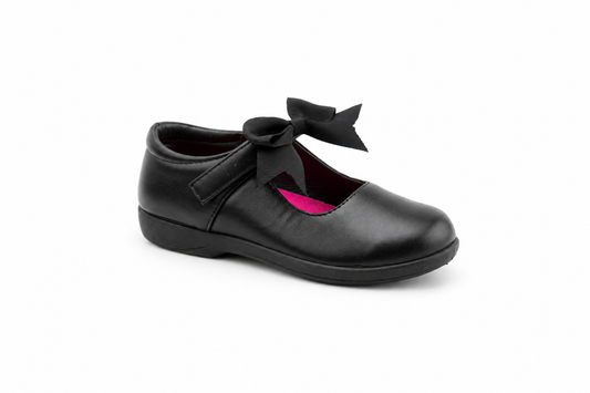 Sofia Touch Fasten Black PU Shoe With Bow