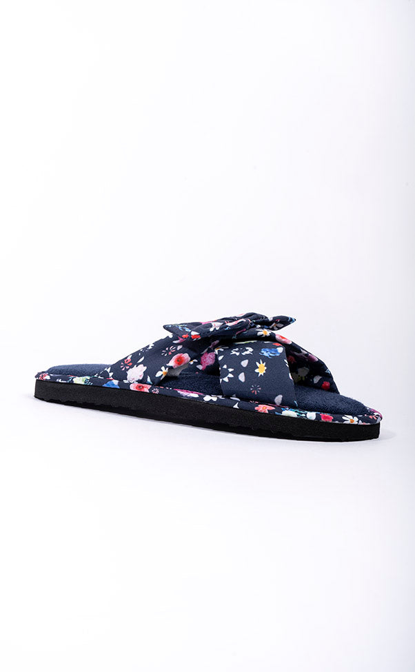Scarlet Black and Navy Floral Mule Bow Slipper