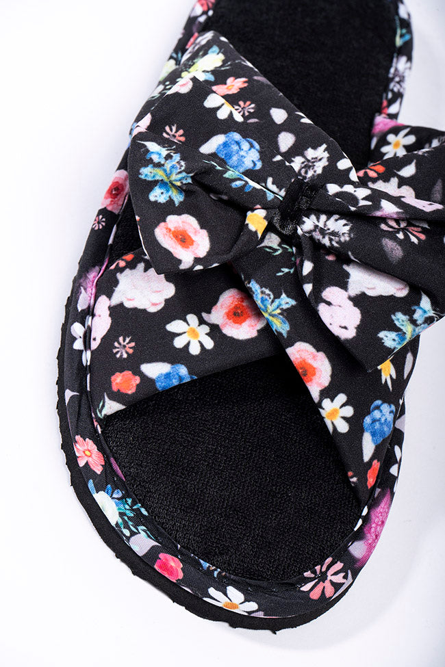 Scarlet Black and Navy Floral Mule Bow Slipper