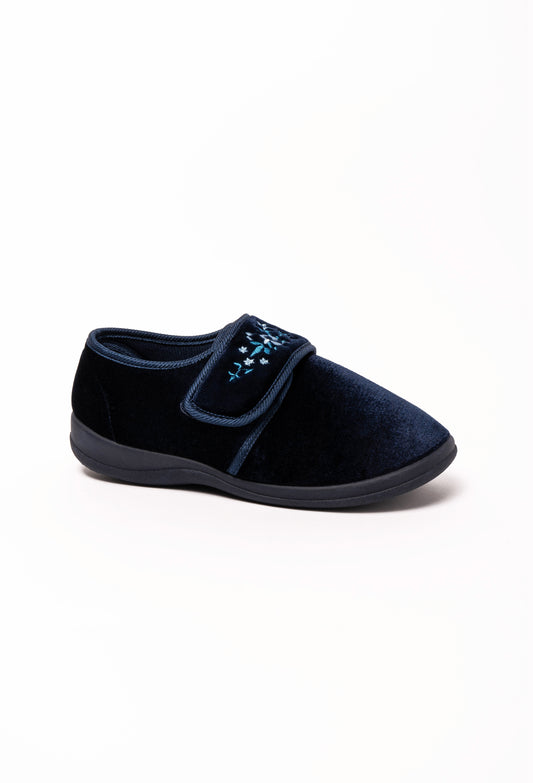 Autumn Navy Velour Embroidered Slipper