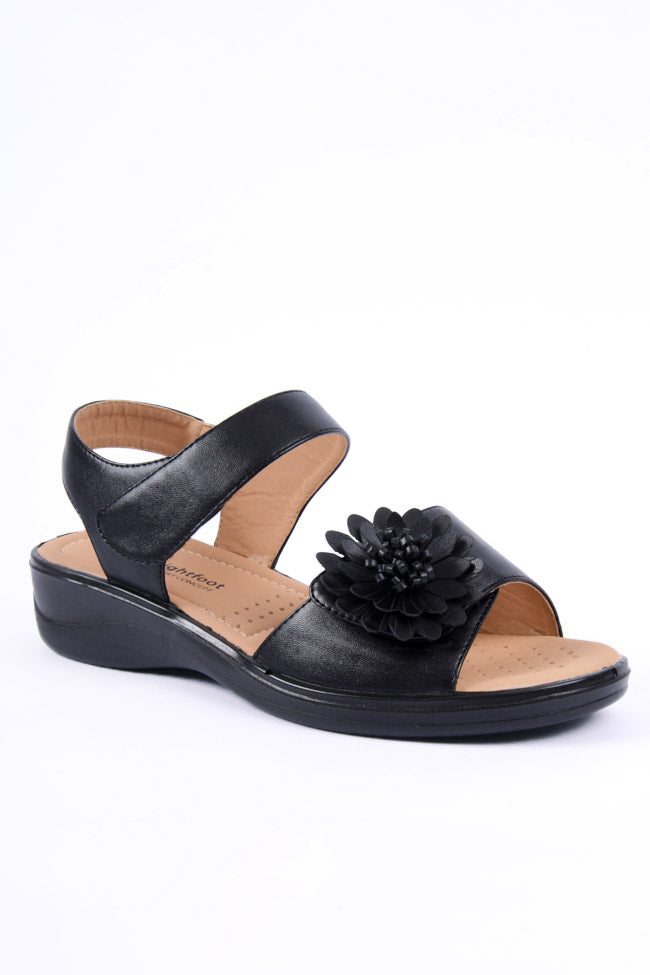 Kim Black Flower Touch Fasten Comfort Sandal