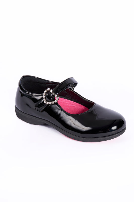 Bella Touch Fasten Diamante Strap Girls Shoe 8x2 Black Patent